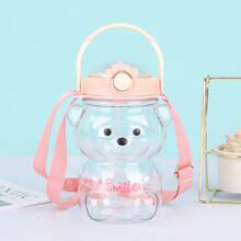 1000ml Cute Bear Water Bottle With Lock Lid & Strap - Leakproof PC Travel Cup For Kids & Adults - Cartoon Tumbler For School, Gym, Outdoor