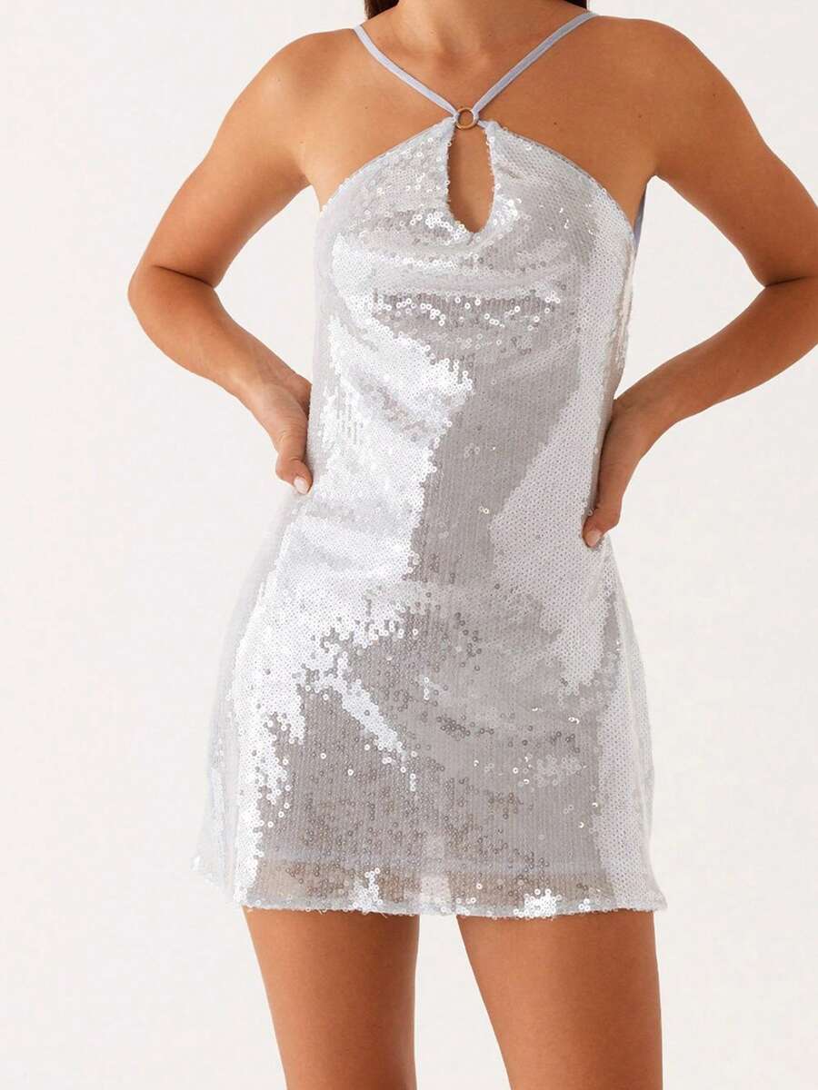 Womens Y2K Sequins Mini Dress Sleeveless Spaghetti Strap Backless Dress Summer Club Party Dress - 薄荷綠 - 查看 1