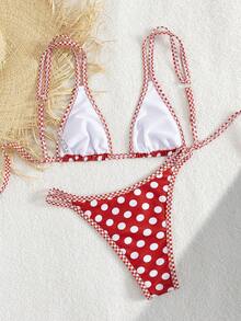 2pcs Women's Polka Dot Halter Backless Bohemian Style Bikini Swimwear Set, Spring/Summer - Multicolor - View 3