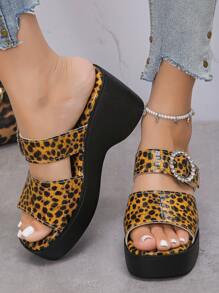 Plus Size Women's Wedge Thick Bottom Sandals, New Arrival Summer Fashion European And American Style Leopard Print, Rhinestone Round Buckle Platform High-Heel Sandals For Casual, Vacation, Party, Dating, Comfortable And Versatile, Waterproof
