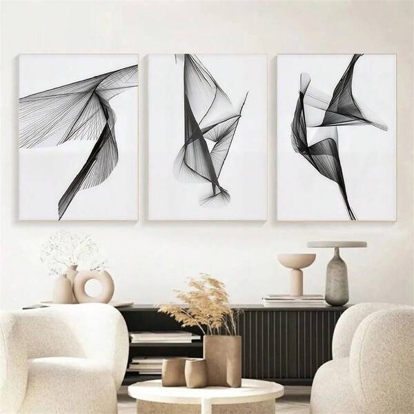Conjunto de 3 piezas/1 set, carteles de lienzo de arte pop moderno, decoración de arte de pared minimalista, arte de pared de líneas abstractas en blanco y negro, líneas de baile para adolescentes, para dormitorio, sala de estar, 30*40cm de 3 piezas con marco de madera.