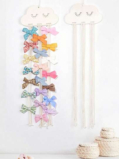 1 pieza Organizador de lazos para el cabello con forma de nube, soporte de madera para colgar accesorios de cabello bohemios, exhibidor de lazos decorativo minimalista y estético montado en la pared para habitación de niños, clips, cintas y accesorios de cabello, decoración del hogar