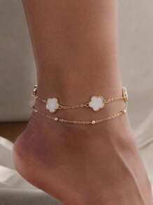 1 pièce Style plage d'été Bracelet de cheville à double couche en forme de trèfle doux, cadeau de mode pour femmes en vacances (le nombre de perles sur la deuxième couche est aléatoire, certaines noires doivent être pelées) Saint-Valentin