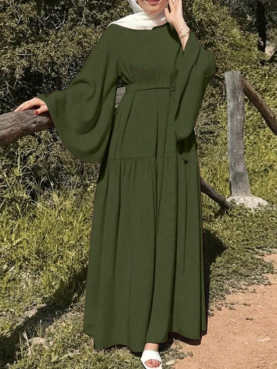 Women Elegant Solid Color Bell Sleeve Dress, Spring/Summer - Army Green - View 1