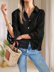 Womens Eyelet Blouse 3/4 Bell Sleeve Button Down Ruffle Hem Casual Summer Shirt Top - 黑色 - 查看 2