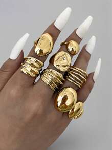 17KM 15/10/8Pcs Punk Smooth Geometric Open Rings Set For Women Old Money Exaggerated Irregular Silvery Golden Color Thick Chunky Ring Hip Hop Jewelry Gifts