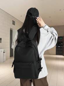 新款多层大容量双肩包，简约时尚女大学生背包，户外徒步旅行，黑色 - 黑色 - 查看 4