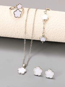 5pcs Women's Silver Jewelry Set, Fashionable & Elegant Flower, Clover Pendant Necklace, Bracelet, Ring, Earrings - Multicolor - View 2