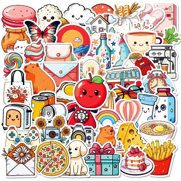 50 piezas Juego de pegatinas de dibujos animados lindos, estilo fresco diario de manzana y taza, pegatinas de PVC resistentes al agua, adecuadas para botellas de agua, monopatines, portátiles, planificadores, cuadernos, equipaje
