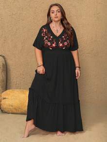 Rusttydustty Boho Kleid in Große Größen mit orangefarbener Blumenstickerei und Pailletten, perfekt für Ostern, Strand, Hawaii-Musikfestival und tropischen Urlaub - Schwarz - Übersicht 3