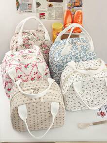 1 Piece Cute Floral&Bow Pattern Insulated Lunch Box Portable Lunch Tote Bag With Handle Corduroy Lunch Bag With Cherry Print Zippered Lunch Handbag With Woven Rope Decor Large Capacity Food Storage Bag With Compartment Suitable For Picnic, School, Office, Camping Suitable For Students, Teachers, Office Workers, Family Good Choice For Teacher's Day Gifts, Mom Gifts, Children's Day Gifts Back To School School Stuff Bag For School Lunch Bag For Women Cooler Bag Picnic Accessories