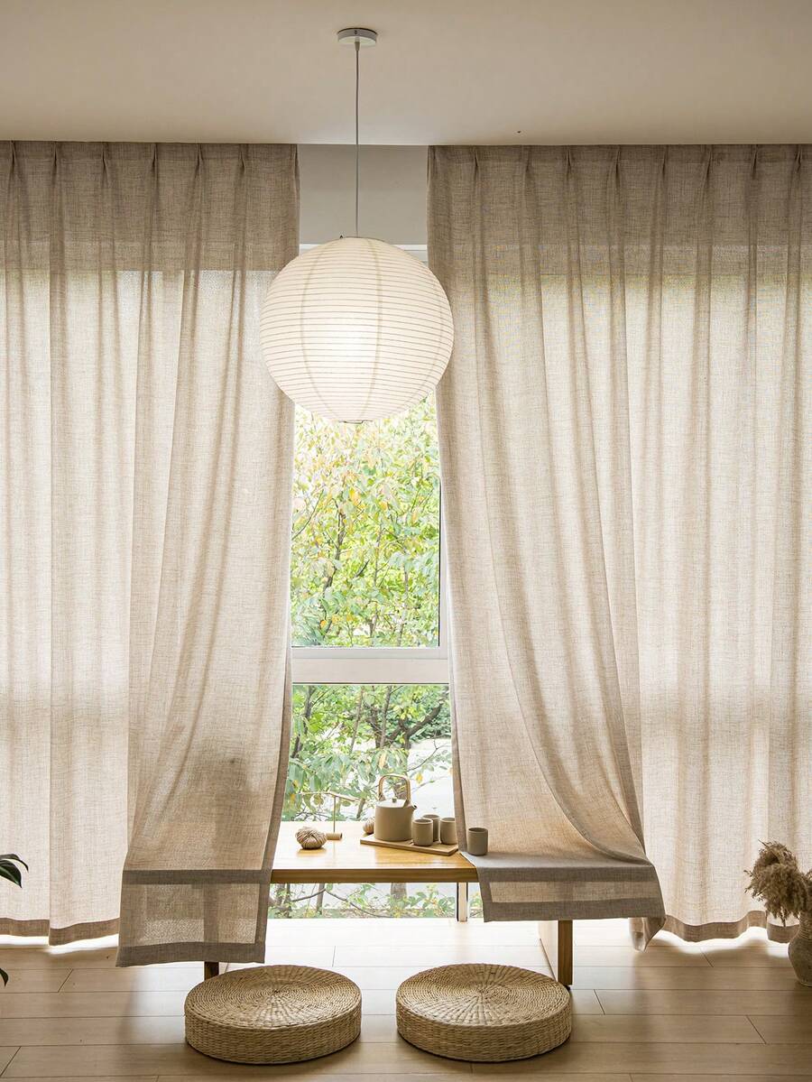 1 件亚麻现代亚麻纱窗帘 - 日式亚麻风格，杆袋设计，适用于客厅和卧室 - 透明轻质滤光窗帘，客厅窗帘，卧室窗帘（面料重量 180 克） - 米色 - 查看 1