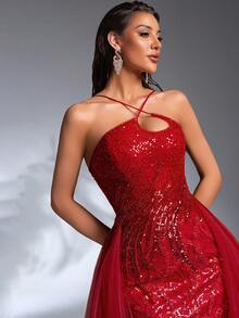 IBTRLY Elegant Luxury Asymmetrical Neckline Beaded Embroidery Mesh Splice Trailing Dress, Suitable For Wedding, Gala, Party, Formal Dinner, New Year, Valentine's Day (Heavy-Duty) - Burgundy - View 7