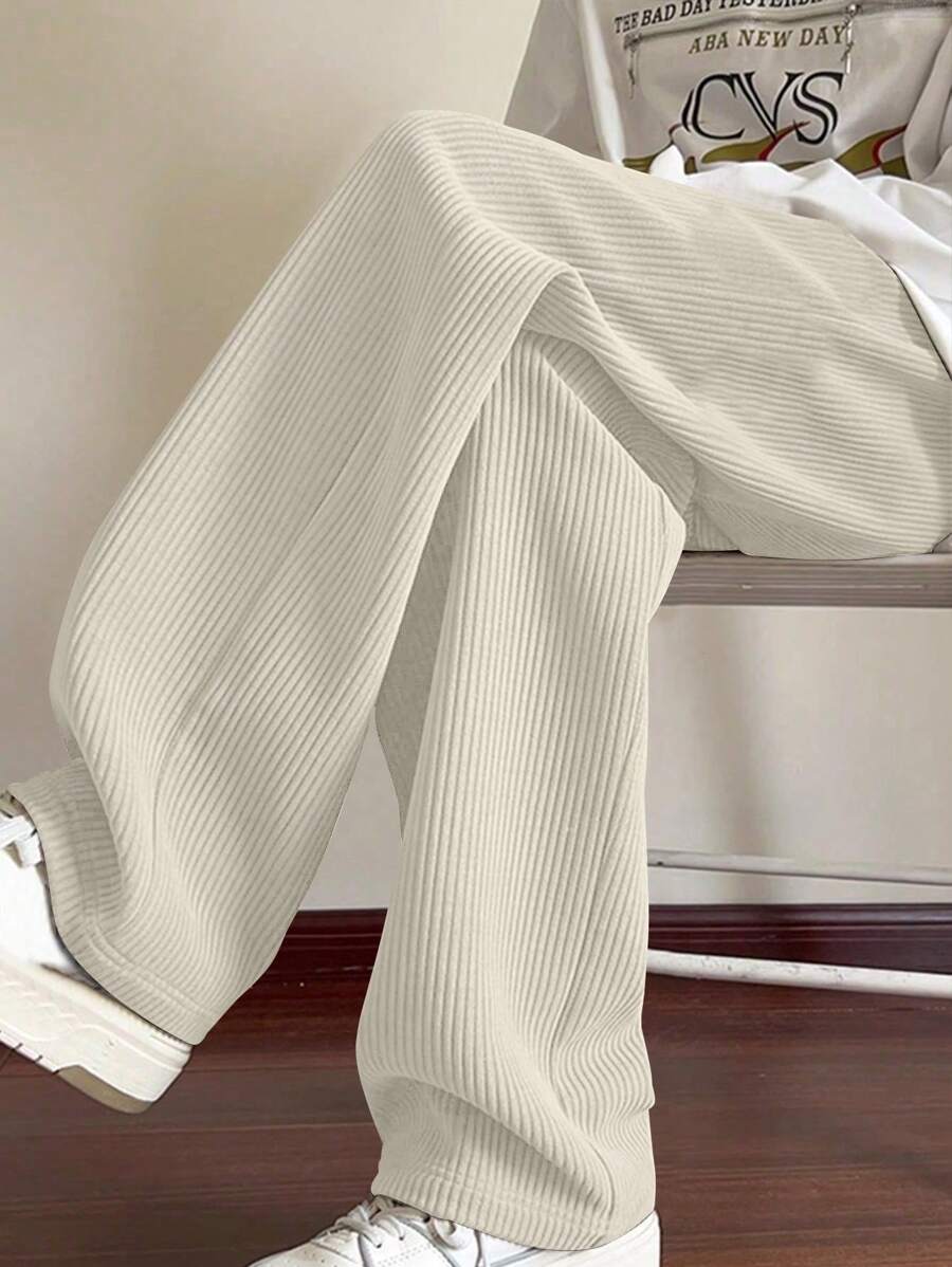 Men's Casual Corduroy Wide Leg Pants, Comfortable Loose Fit Solid Color Versatile Trousers For Spring Autumn