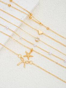 17KM 6pcs/Set Boho Starfish Bow Imitation Pearls, Heart & Rhinestone Long Pendant Necklace Set For Women, Summer Beach Vacation Dinner Gift