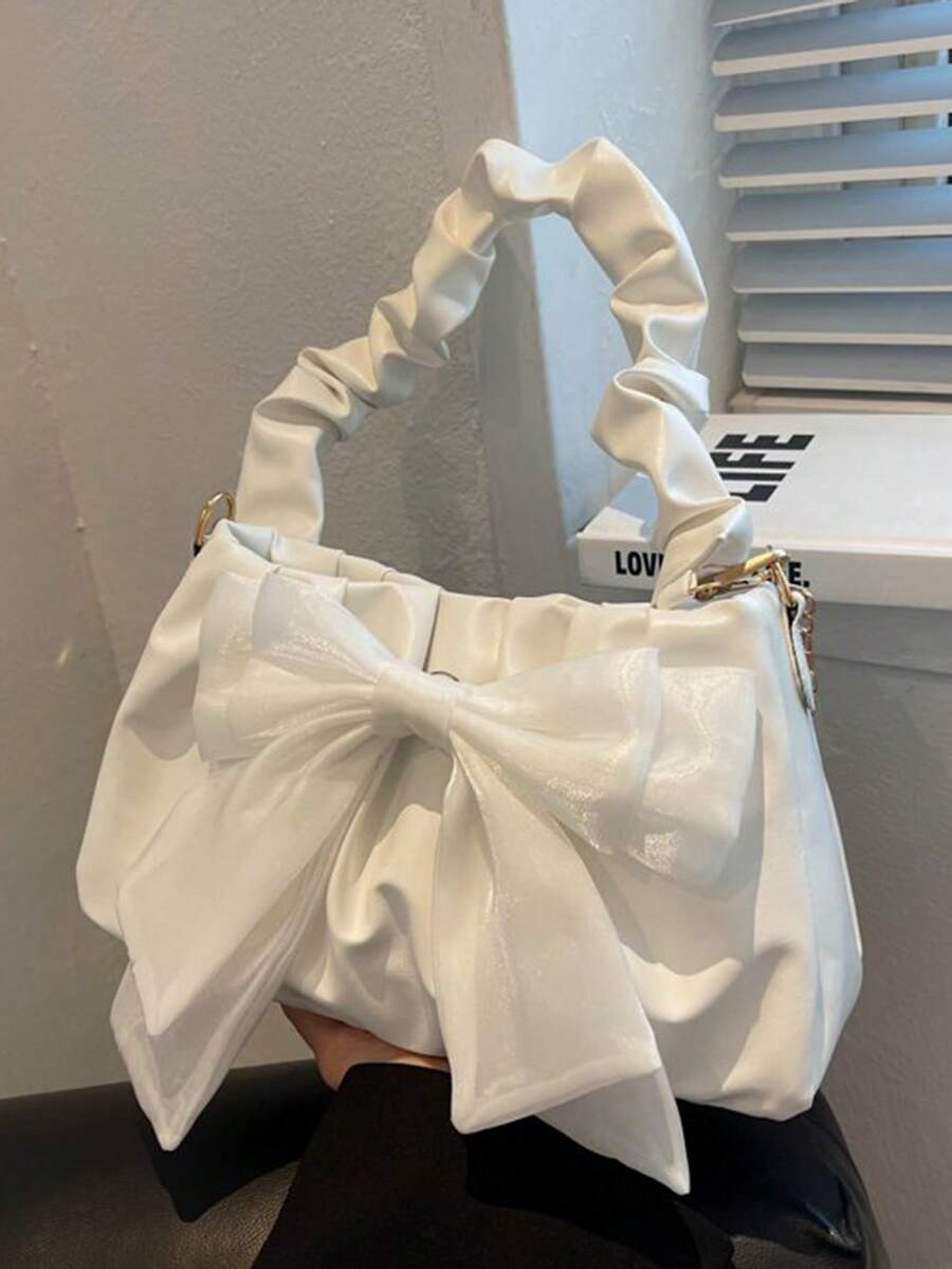 SHEIN MOD 时尚褶皱新月形手提包,饰有围巾、蝴蝶结、金属链带,适合休闲肩背或斜挎 - 米色 - 查看 1