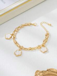 1pc Sweet & Refreshing Lucky 5-Leaf Clover Pendant Double Layer Anklet, Suitable For Beach Vacation, Travel, Evening Wear (The Number Of Beads On The Chain May Vary Randomly Due To Handmade Cutting, The Length Is Fixed) - White - View 4