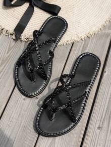 Sandalias planas para mujeres, cómodas y de estilo veraniego, color negro, diseño abierto de dedo fashionable, con correas ajustables, apropiadas para salidas casuales y días en la playa, livianas y transpirables para uso diario - Negro - Ver 5