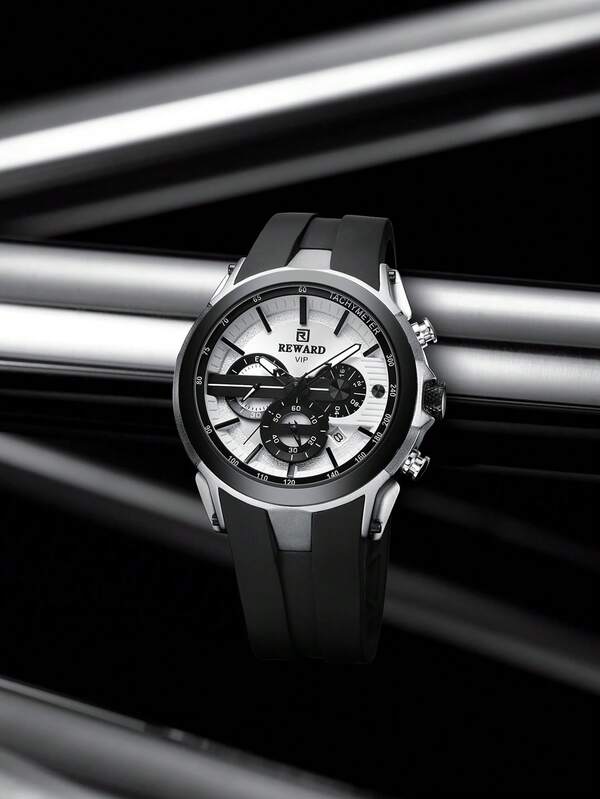 REWARD Männer Quarzuhr Belohnung, Geschäftsmodefarbe, Zeitanzeige, Kalender, leuchtende Zeiger, multifunktional, hochwertige Geschenkuhr, klassisches Design, Silikonarmband