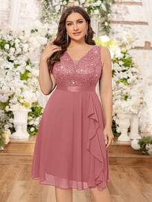 Plus Deep V-Neck Sequin Lace Contrast Ruffle Hem Chiffon Formal Evening Party Swing Dress - Dusty Pink - View 2