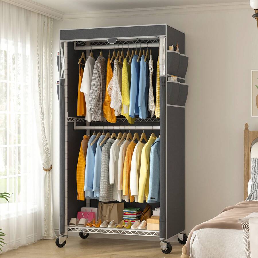 Clothes Rack With Cover & Wheels - Heavy Duty Adjustable Rolling Portable Closet, Space-Saving 35.5" W X15.7" D X79" H,Room Decor,Home Decor - White - View 1