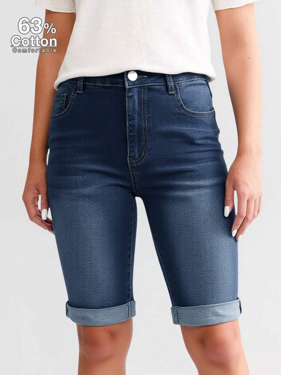 Women's Casual Denim Shorts With Pocket And Rolled Hem, Versatile Style - Blue - View 1