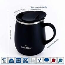 GRANDTIES - Taza de café aislante con asa, tapa deslizante para evitar salpicaduras, termo con forma de copa de vino de 16 oz con doble pared al vacío de acero inoxidable - Negro - - Ver 3