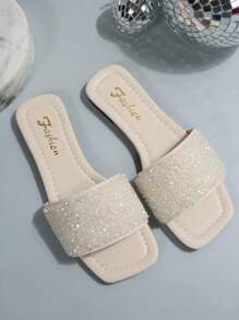 Women's Strap Crystal Embellished Slide Sandals, Summer Casual Versatile Outdoor Plastic Flat Slippers