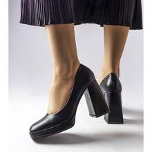 Tacones altos elegantes de oficina y transporte de punta redonda y alta calidad en color negro - Negro - Ver 3