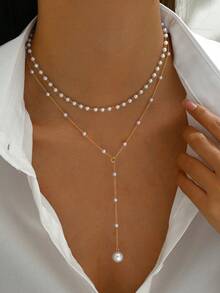 Modern Y Architecture Necklace Austrian Crystal Simulated Pearl 18K Vermeil Featherlight All Season Daily Wear Gift For Women - 金色 - 查看 10