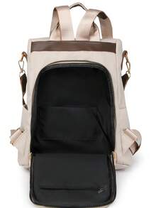 Ladies' Spliced Contrasting Casual Large Capacity Backpack, Simple And Versatile Shoulder Bag, Student Backpack, Mommy Bag, Commuting Bag, Suitable For Travel, Student Design, With Fur Ball Pendant - Beige - View 10