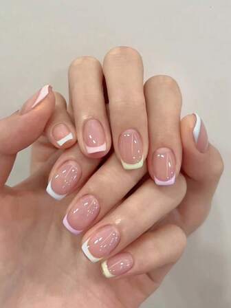 改变你的指甲 24 件短方形多色法式全覆盖可穿戴假指甲按压指甲艺术 + 果冻胶 + 指甲摩擦套装适合女士/女孩在派对、舞会、各种日常场景佩戴美甲用品指甲