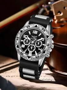 3 PiecesMen's Black Strap Fashion Business Mixed Scale Three Eye Dial Quartz Watch Bracelet Jewelry Set Suitable For Daily Wear Decoration Or Holiday Gifts