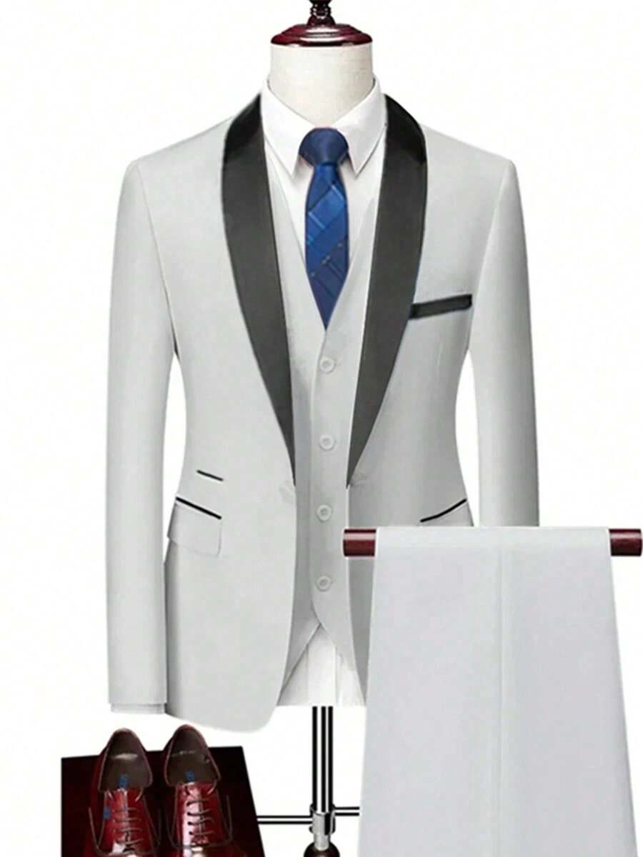 Bộ vest công sở nam 3 món, dáng ôm, co giãn, bao gồm áo blazer, áo gile và quần tây, trang phục công sở trang trọng, trang phục dạ hội, trang phục cưới. - trắng - Xem 1