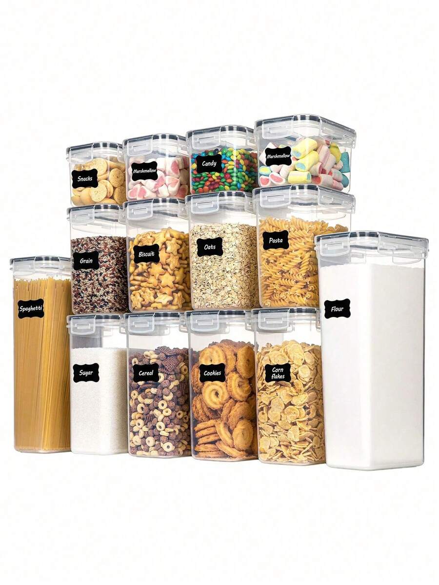 48pcs Storage Containers For Pantry Airtight - Spaghetti Container Storage - Ideal For Spaghetti & Noodles, Kitchen Pantry Organization And Storage - Keeps Food Fresh & Dry - Black and White - View 1
