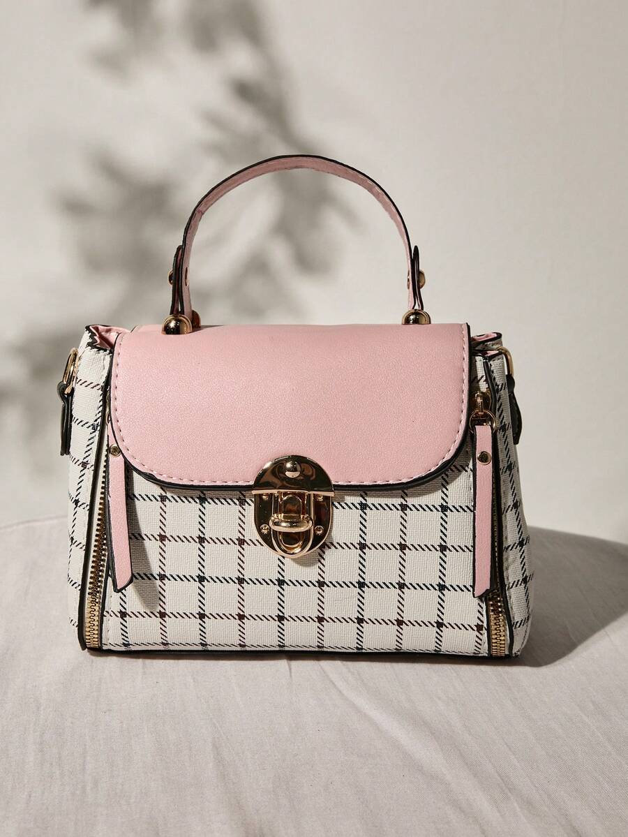 Women's Classic Bucket Bag, All-Match Shoulder Bag, Plaid Pattern Crossbody Bag For Work Gifts - Pink - View 1