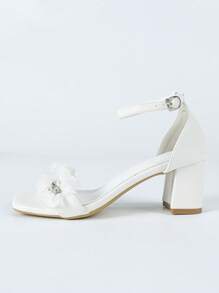 Women's White Floral Rhinestone Strap Thick Heel Sandals, Elegant Evening Party & Wedding High Heels, Summer