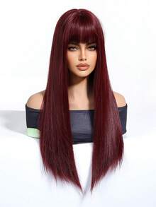 红色长直发合成耐热假发红色假发带刘海女士假发适合角色扮演派对 - 紅色 - 查看 5