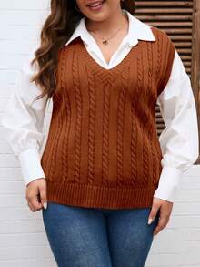 College Style, Braid, V-Neck, Plus Size, Fall And Winter, Valentine's Day Knit Vest - Rust - View 3