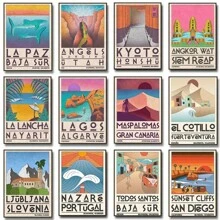 1pc Retro Travel World National Urban Attractions Posters Cartoon Favorite Card Wall Art Home Decor For Living Room Canvas Painting Optional Frame