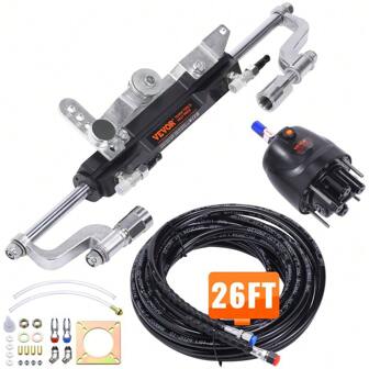 300HP Hydraulic Outboard Steering System For Marine Boats - Includes Helm Pump, Two-Way Lock Cylinder & 26ft Hydraulic Steering Hose For Single Station, Single Engine Use