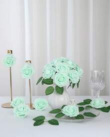 25Pcs Artificial Roses Flowers Fake Roses With Stems Real Touch Foam Flowers For DIY Wedding Bouquet Baby Shower Centerpiece Floral Arrangement Party Home Decor(Dark Red) - Mint Green - View 11