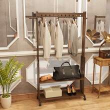 UNHO Perchero de Bambú: Riel de Madera para Colgar Ropa Perchero Rodante Armario Abierto con Estantes de Almacenamiento Para la Entrada del Dormitorio - Café integral - Ver 6