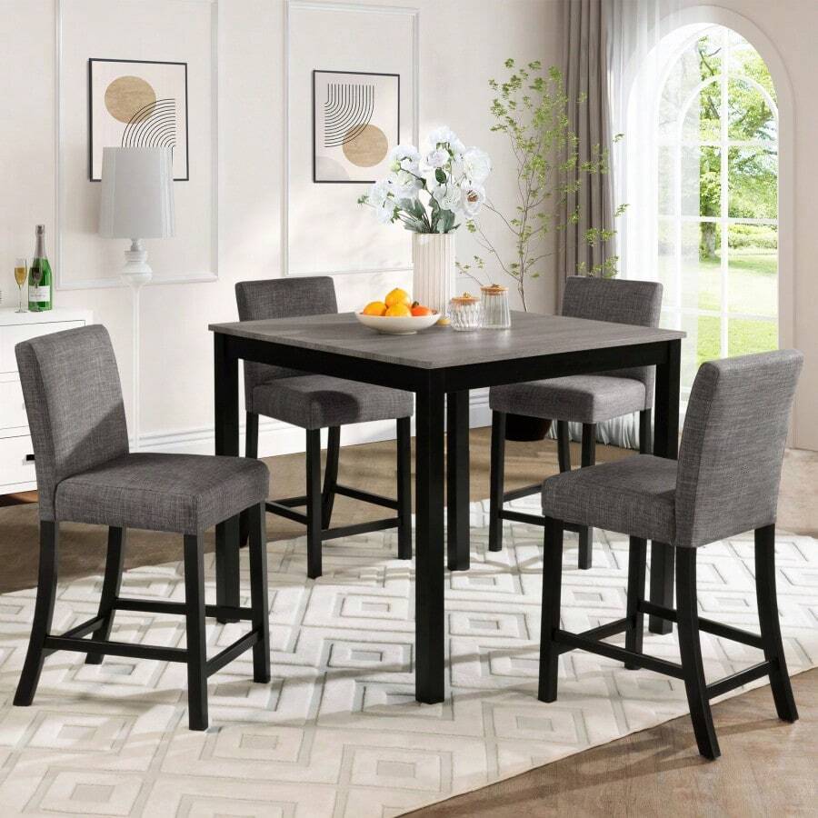 5-Piece Counter Height Table Set With 4 Chairs, Counter Height Table Set For 4 With Chairs, Wooden Counter Height  Table Set For Kitchen, Dining Room, Light Grey & Black Two Tone-7989 - Multicolor - View 1