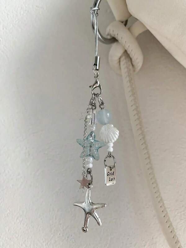 Chaveiro boêmio de verão com estrela do mar, pingente de metal simples e versátil com contas de estrela para boa sorte, pingente criativo para casal, corrente para celular, pingente para câmera CCD, pingente para bolsa, corrente para bolsa, pingente para corrente de bolsa, pingente para corrente de bolsa, pingente para bolsa de corda, pingente decorativo para bolsa