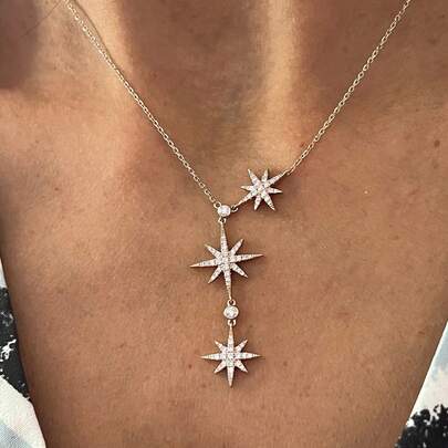 1 件时尚微镶全立方氧化锆八角星吊坠项链，奢华女士颈链配饰