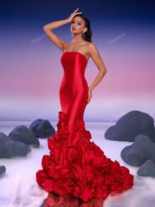 Women's Solid Color Strapless Dress With 3D Floral Decor, Elegant Evening Gown, Formal, Party Dress, For Wedding Guest