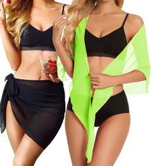 CHICGAL 2 Pieces Women Beach Sarong Bathing Suit Wrap Skirt Sheer Bikini Swimsuit Cover Ups Swimwear - 黑色和螢光綠 - 查看 2