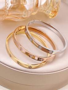 18K Gold Plated Stainless Steel Luxury Colorful Cubic Zirconia Bangle Bracelet, Fashion Jewelry For Women - Four Leaf Clover Bracelet - View 6