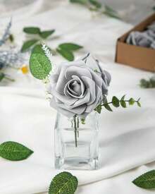 25Pcs Artificial Roses Flowers Fake Roses With Stems Real Touch Foam Flowers For DIY Wedding Bouquet Baby Shower Centerpiece Floral Arrangement Party Home Decor(Dark Red) - Grey - View 3